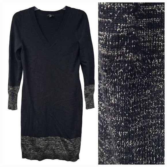 Ann Taylor Petite Wool Blend V-Neck Sweater Dress Black Gold Shimmer Winter Knit - Picture 1 of 12